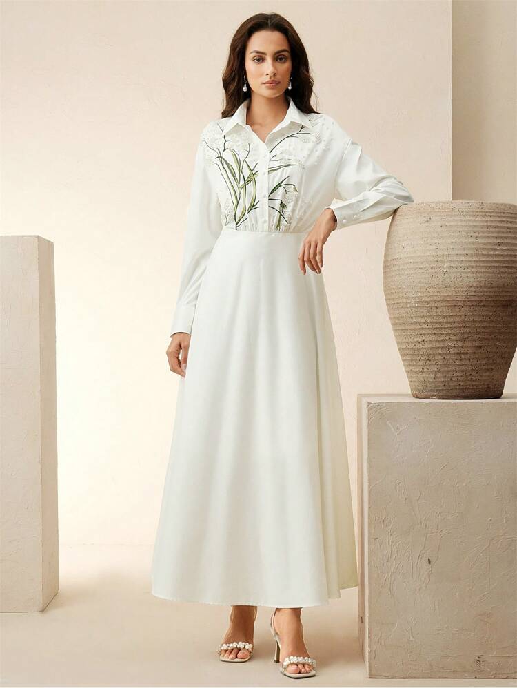 Women's Elegant Long Sleeve Beaded Embroidered Flared A-Line Dress, Suitable For Vacation