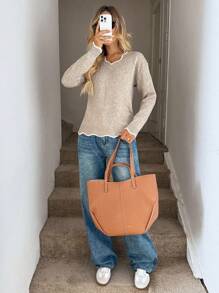 Easowa Women's Colorblock Sweater,Long Sleeve Tops In Fall/Winter - Khaki - View 3