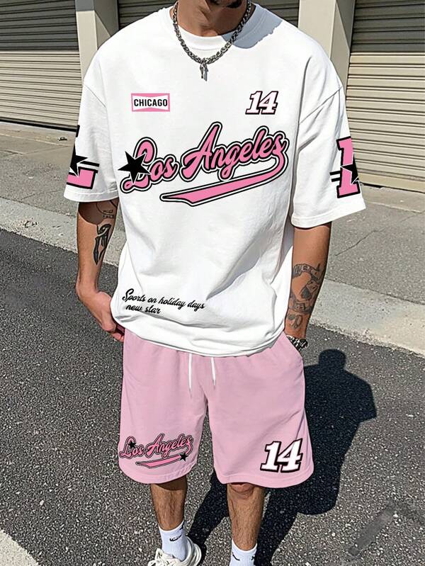 Manfinity EMRG Men's Letter Print T-Shirt And Drawstring Waist Shorts Set