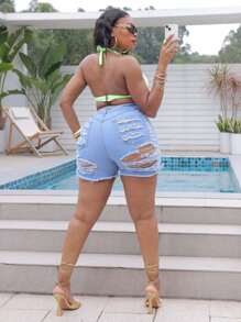 SHEIN SXY Women Hollow Out Simple Plus Size Denim Shorts - Light Wash - View 2