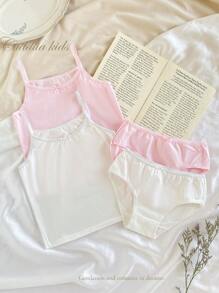 2件套少女纯色蝴蝶结吊带背心和三角短裤套装 - 彩色 - 查看 1