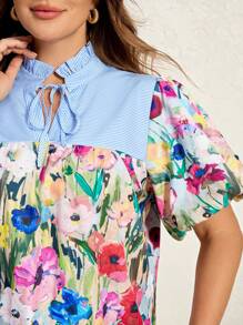 SHEIN LUNE Plus Size Women's Light Blue Summer Boho Vacation Holiday Striped Floral Patchwork Lace Collar Blouse,Lantem Sleeve Mushroom Collar Tops - Multicolor - View 6