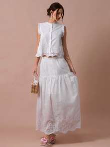 Enchnt Falda maxi elástica de cintura con bordado y volantes blancos, romántica para mujer, ideal para vacaciones, casual y cómoda para fiestas de cumpleaños, días festivos, citas dulces, viajes diarios, vacaciones, temporada de bodas, versátil en verano, conciertos, estilo bohemio - Blanco - Ver 2