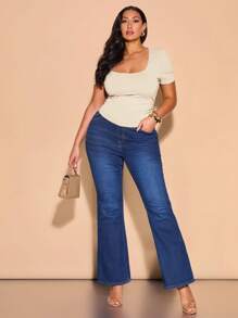 SHEIN BAE 大码春夏高街灰色方领收褶弹力针织紧身短袖T恤，优雅百搭通勤上衣，女教师款 - 杏色 - 查看 3