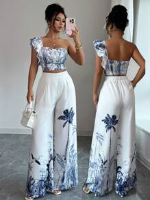 Elenzga 2 件套女式阔腿裤和花朵印花背心，休闲装 - 彩色 - 查看 1