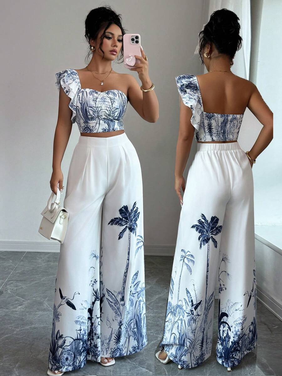 Elenzga 2 件套女式阔腿裤和花朵印花背心，休闲装 - 彩色 - 查看 1