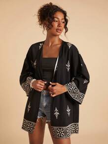 Travachic Elegante blusa larga bohemia negra con detalles estampados y diseño de nudo, kimono cárdigan bohemio, adecuado para vacaciones, té de la tarde, temporada de bodas, crucero por la playa, viaje por la ciudad, vacaciones bohemias, festival de música, ropa de playa, Pascua, playa para mujer, elegante para mujer, vacaciones para mujer, concierto para mujer, vacaciones tropicales para mujer, vacaciones, bohemio, para primavera, verano y otoño - Negro - Ver 7