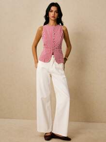 Poéselle 女式简约日常格子口袋腰部无袖衬衫 - 紅白色 - 查看 3