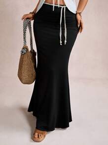 Freevana Plus Size Elegant Vintage Romance Fitted Flared Maxi Knitted Skirt For Party And Gathering, Autumn/Winter