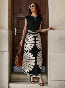 Solivie 黑色杏色度假花卉印花松紧腰不对称下摆修身女裙，适合度假、休闲、夏季 - 黑色 - 查看 4