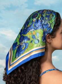 SHEIN Touch of Art Khăn choàng đầu bằng satin mềm mại, sang trọng, kích thước lớn 70*70 cm, họa tiết hoa diên vĩ màu xanh dương của Van Gogh, thích hợp làm quà tặng, dùng ngoài trời và du lịch, có thể dùng làm phụ kiện trang trí lưng, phù hợp với trang phục mùa hè, mùa xuân, đi biển, nghỉ mát, hoặc làm hoa. - Nhiều màu - Xem 2