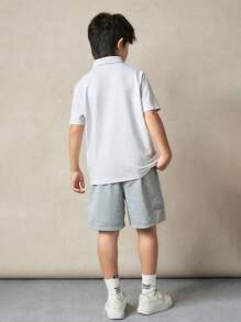 SHEIN 儿童男童休闲纯色翻领半拉链 Polo 衫，百搭，适合春、夏、秋、冬上学、花园、海滩、生日 - 白色 - 查看 3