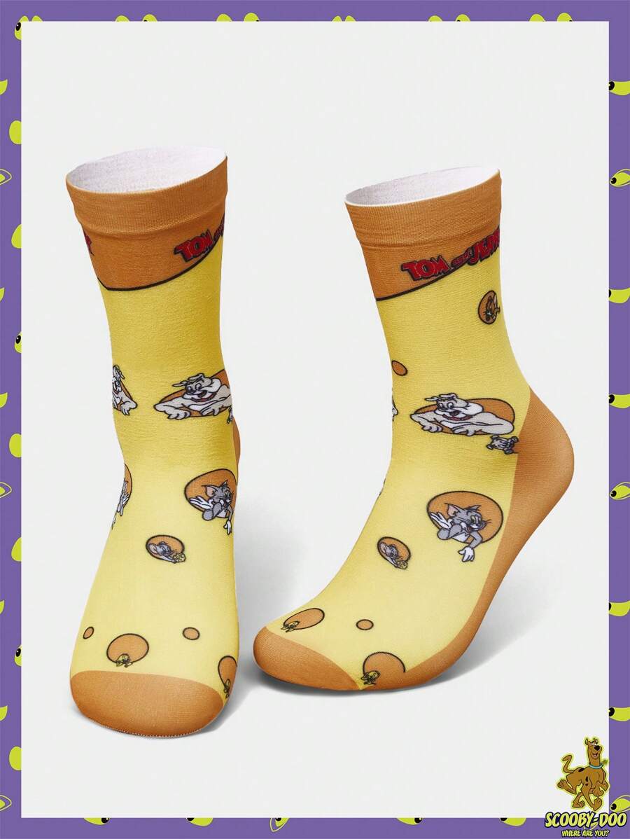 TOM & JERRY X SHEIN Letter And Cartoon Graphic Colorblock Carrot & Cheese Mid-Calf Socks - Multicolor - View 1