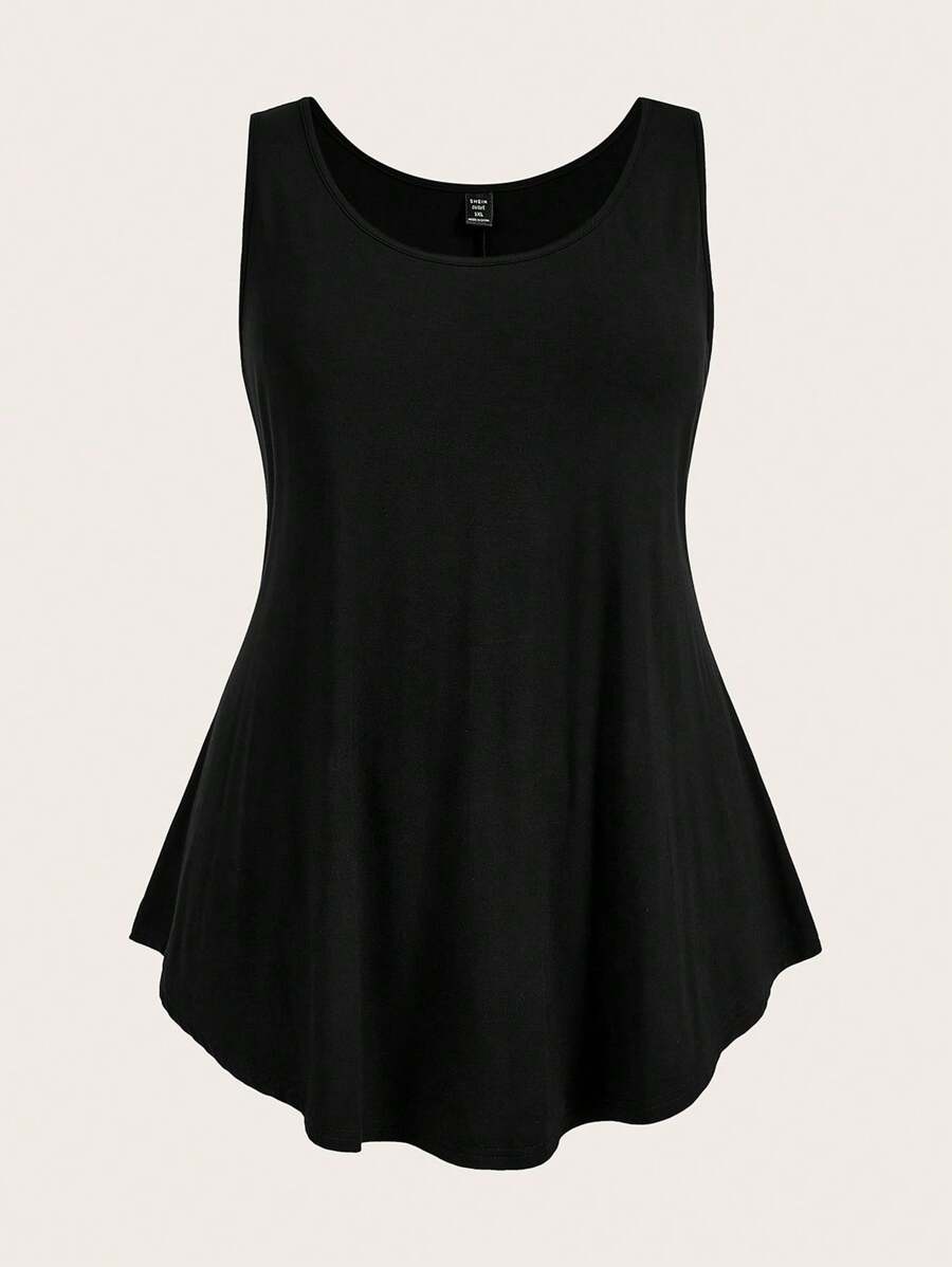 SHEIN BASICS Conjunto de camiseta y top de punto de cuello en V de unicolor, informal, talla grande - Negro - Ver 1