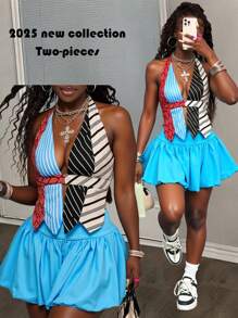 Slaydiva 2 件套女士夏季彩色条纹吊带上衣和喇叭迷你裙套装，狂野装