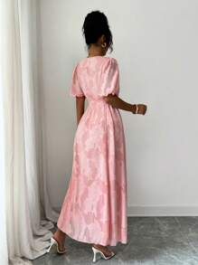 Modelyn Women's Woven Cut-Out Fabric Short Sleeve Tie Waist Design French Style Dress - Pink - View 2