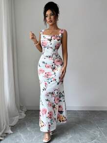 Elenzga Women's Floral Print Pleated Square Neck Sleeveless Dress