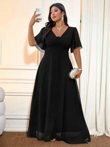 Cravure 优雅褶皱短袖雪纺长裙，面料舒适，适合通勤、派对、休闲、百搭、加大码，黑色 - 黑色 - 查看 2