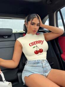 SHEIN SXY Maglietta aderente asimmetrica casual da donna con motivo a ciliegie e frutti, adatta per l'estate