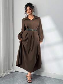 Elenzga 优雅通勤纯色灯笼袖连衣裙，及踝长加大码女装，适合秋季 - 咖啡棕 - 查看 4