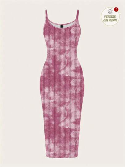 SHEIN EZwear Casual Minimalist Full-Length Tie-Dye Printed Maxi Dress, Slim Fit, Suitable For Summer,Summer Dresses For Women Suitable For Going Out Chic Dress