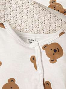 SHEIN 2pcs/Set Newborn Baby Boy/Girl Cartoon Bear Printed Long Sleeve Jumpsuit With Hat, Unisex Infant Clothes Suitable For Daily Wear, Birthday Party, Photography, All Seasons