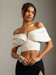 Hauture Áo crop top hở vai xếp ly thanh lịch gợi cảm mùa hè công sở - Màu be - Xem 5