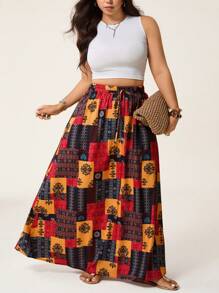 SHEIN LUNE Plus Size All-Over Print Casual Vacation Retro Fashion Drawstring Waist Skirt Summer Country Concert Beach Vacation Elegant Skirt For Women Teacher - Multicolor - View 5