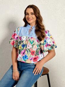 SHEIN LUNE Plus Size Women's Light Blue Summer Boho Vacation Holiday Striped Floral Patchwork Lace Collar Blouse,Lantem Sleeve Mushroom Collar Tops - Multicolor - View 3