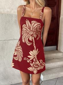 Easowa 植物印花女式休闲假日吊带短裙 - 酒紅色 - 查看 7