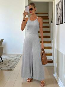 SHEIN LUNE Bộ đồ liền thân ống rộng không tay màu đen có túi dành cho nữ, trang phục mùa hè thoải mái và giản dị, chất liệu dệt kim - Xám - Xem 4