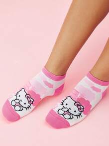 HELLO KITTY AND FRIENDS | SHEIN 4 双可爱猫咪图案柔软透气吸湿排汗女士短袜，加固脚趾和脚跟，适合所有季节，粉色和白色 - 粉色 - 查看 8