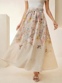 Anewsta Elegant & Intellectual Women's Chiffon Digital Placement Print Flared Mid-Length Skirt, Spring/Summer - Apricot - View 6