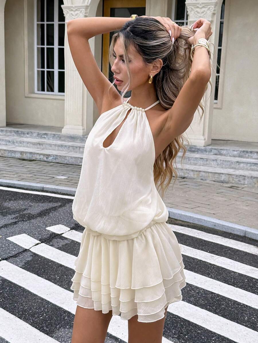 Serisse 新款夏季女式露背优雅雪纺连衣裙 - 杏色 - 查看 1