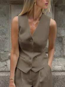 INAWLY Women's Solid Color V-Neck Single-Breasted Casual Vest Jacket - Coffee Brown - View 1