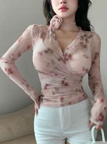 DAZY 女士花卉 3D V 领网眼长袖衬衫，适合派对、情人节 - 粉色 - 查看 3