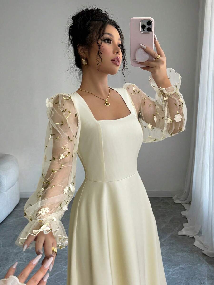 Firerie 女士网眼刺绣长袖方领系带 A 字裙，浪漫伴娘礼服，适合婚礼、派对、约会、毕业典礼、表演、音乐会