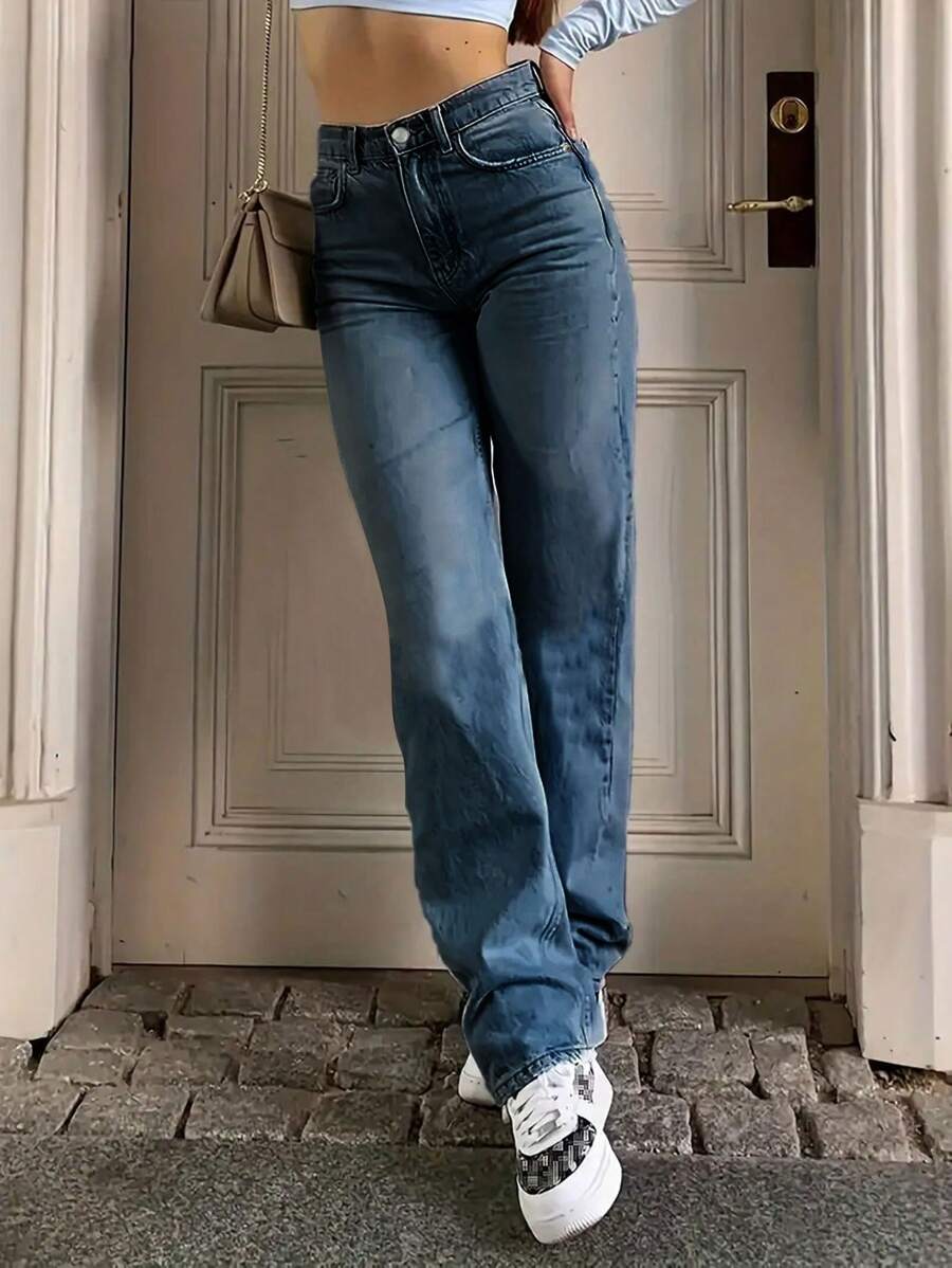 SHEIN ICON 女式休闲宽松破洞弹力牛仔裤 - 中等水洗藍 - 查看 1
