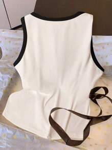 INAWLY 女士优雅修身花卉拼色圆领休闲罗纹背心 - 白色 - 查看 2