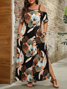 Breezaya 大码女式优雅简约时尚金属装饰露肩短袖宽松中长连衣裙 - 黑色 - 查看 4