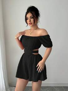 SHEIN Raffinéa 休闲女士休闲 - 度假露肩蝴蝶结后背连体裤 - 黑色 - 查看 6