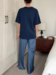 DAZY 简约圆领T恤上衣搭配格子裤睡衣套装，返校服 - 藏蓝色 - 查看 2