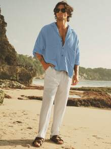 HIMLAND Men's Casual Woven Double-Layer Crinkle Fabric Lapel Collar Front Pocket Three-Quarter Sleeve Shirt, Old Money, Fall - Baby Blue - View 3