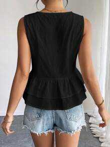 SHEIN Raffinéa Sleeveless Cotton Solid Color Crew Neck Shirt With Ruffle Hem - Black - View 2