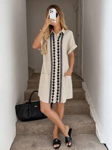 Easowa 波西米亚风夏季海滩度假刺绣贴布宽松衬衫连衣裙 - 卡其色 - 查看 4