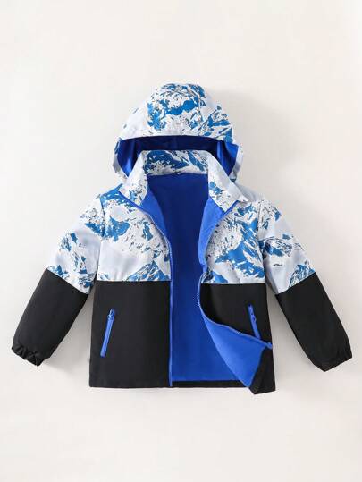 1pc Hoodie Jacket For Tween Boy Fashion Color Block Design With Print, Comfortable Fabric, Suitable For Autumn/Winter Outdoor Sports, Travel And Photography Fall
