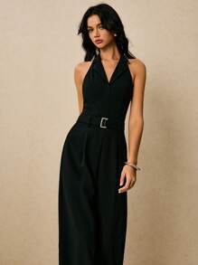 Poéselle 女士纯色露背吊带连体裤，通勤风格 - 黑色 - 查看 5