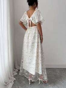 Elenzga Elegantes und modisches Damen Pendler Lässig Komfort-Kleid im charmanten Retro-Stil einer sanften Prinzessin, mit süßen Puffärmeln, Schleife in der Taille, Rückenband, A-Linie Rüschensaum und besticktem Mesh-Material