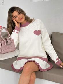 EURMUSE 奶油色和柔棕色心形针织上衣和褶皱迷你裙套装 - 米色 - 查看 2