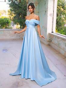 Glamrae 优雅、浪漫、奢华、端庄、蓝色缎面单肩束腰褶皱拖尾长裙、A 字裙，适合生日派对、约会、婚礼、正式晚会、晚会 - 淺藍色 - 查看 6